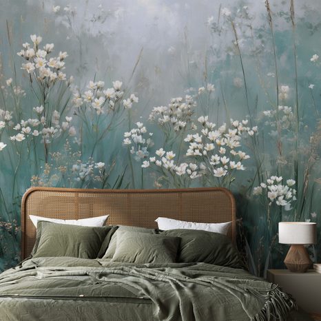 FOTOTAPET AUTOADEZIV FLORI ALBE DELICATE PE FUNDAL VERDE-ALBASTRU - TAPET FLORI - TAPETURI