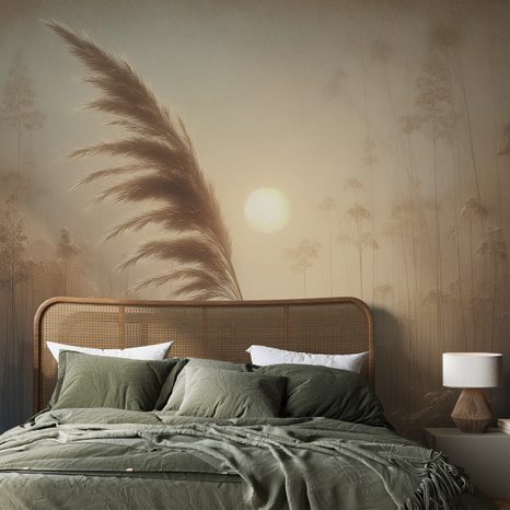 SAMOLEPÍCÍ TAPETA PAMPOVÁ TRÁVA V RANNÍ MLZE - TAPETY VÝCHOD A ZÁPAD SLUNCE - TAPETY