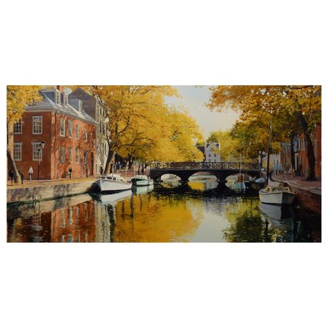 OBRAZ KLIDNÁ PODZIMNÍ ŘEKA S LODĚMI - BAREVNÉ DOMY - OBRAZY