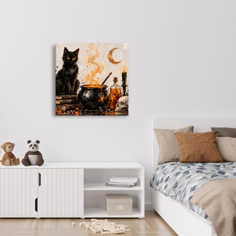 QUADRO SU TELA – GATTO MISTERIOSO ACCANTO AL CALDERONE - QUADRI HALLOWEEN E HORROR - STAMPE E QUADRI