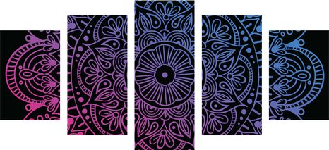 TABLOU 5-PIESE MANDALA PE UN FUNDAL NEGRU - TABLOURI FENG SHUI - TABLOURI