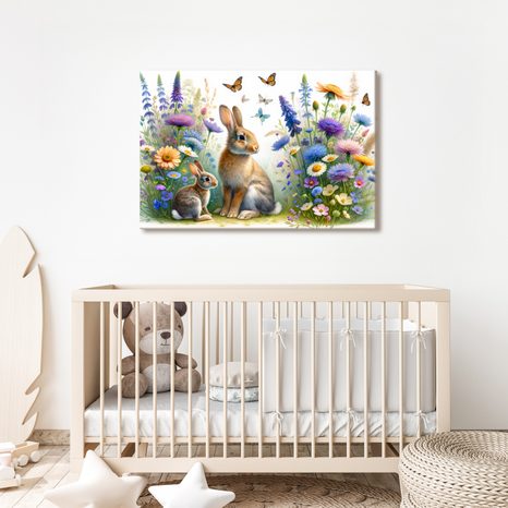 OBRAZ KRÁLÍČCI V JARNÍ KVĚTINOVÉ LOUCE - DĚTSKÉ OBRAZY ZVÍŘÁTKA - OBRAZY