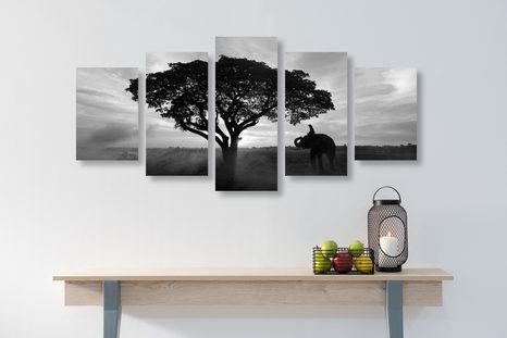 5-DÍLNÝ OBRAZ SLON PŘI VÝCHODU SLUNCE V ČERNOBÍLÉM PROVEDENÍ - ČERNOBÍLÉ OBRAZY - OBRAZY