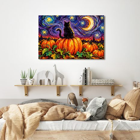 QUADRO SU TELA – GATTO NERO SULLA ZUCCA - QUADRI HALLOWEEN E HORROR - STAMPE E QUADRI
