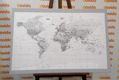 WANDBILD KLASSISCHE SCHWARZ-WEISSE WELTKARTE MIT GRAUEM RAND - WELTKARTEN ALS BILDER - BILDER