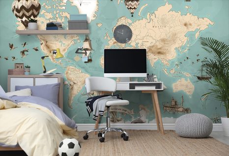 PAPIER PEINT ADHÉSIF – CARTE DESSINÉE BLEU ET BEIGE AVEC NAVIRES - PAPIERS PEINTS - 🔥 VENTE TOTALE