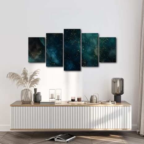 TABLEAU EN 5 PARTIES – NÉBULEUSE NOCTURNE DORÉE - IMAGES DE GALAXIE - TABLEAUX