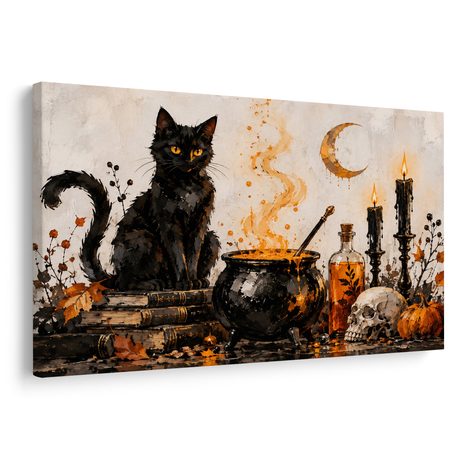 QUADRO SU TELA – GATTO NERO E MAGIA - QUADRI HALLOWEEN E HORROR - STAMPE E QUADRI