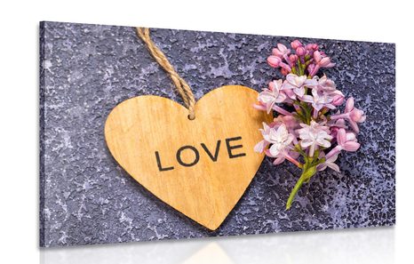 CANVAS PRINT WOODEN HEART WITH AN INSCRIPTION: LOVE - PICTURES WITH INSCRIPTIONS AND QUOTES - PICTURES