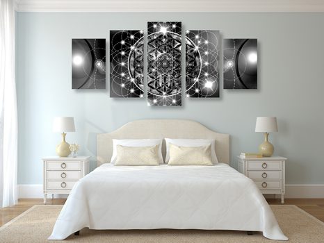 5-DÍLNÝ OBRAZ OKOUZLUJÍCÍ MANDALA V ČERNOBÍLÉM PROVEDENÍ - ČERNOBÍLÉ OBRAZY - OBRAZY
