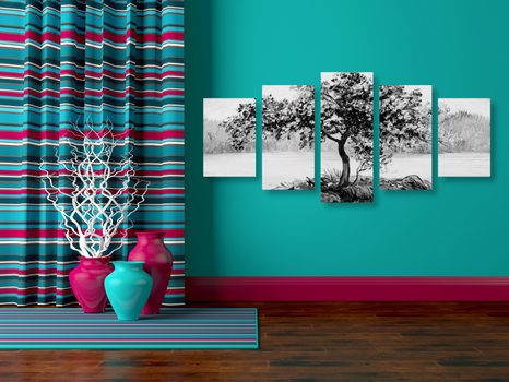 5-DIELNY OBRAZ ORIENTÁLNA ČEREŠŇA V ČIERNOBIELOM PREVEDENÍ - ČIERNOBIELE OBRAZY - OBRAZY