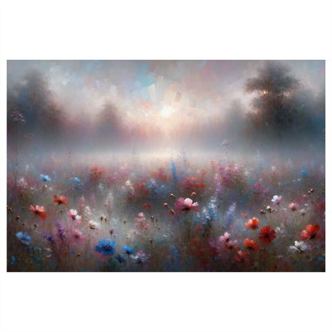 WANDBILD NEBLIGE WIESE MIT BLUMEN - WANDBILDER FELDER UND WIESEN - BILDER