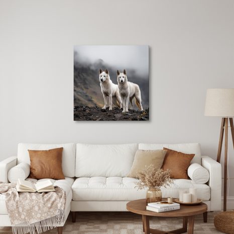 WANDBILD WEISSE WÖLFE AUF FELSEN - BILDER VON HUNDEN - BILDER