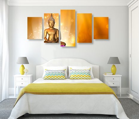 TABLOU 5-PIESE STATUIE BUDDHA PE O FLOARE DE LOTUS - TABLOURI FENG SHUI - TABLOURI