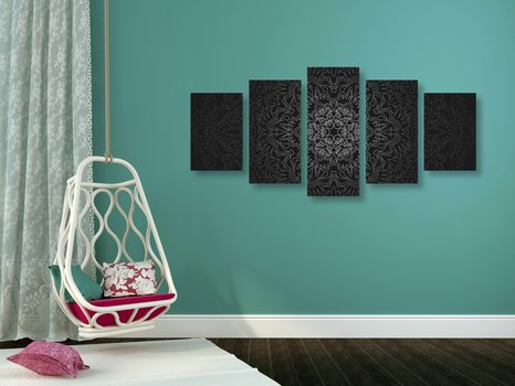 5 RÉSZES KÉP DÍSZES MANDALA FEKETE FEHÉRBEN - FENG SHUI KÉPEK - KÉPEK