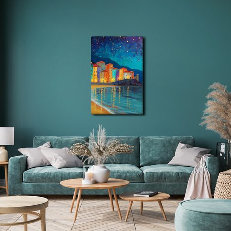 OBRAZ MĚSÍČNÍ ZÁŘE NAD MĚSTEM - BAREVNÉ DOMY - OBRAZY