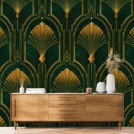 FOTÓTAPÉTA ARANY ART DECO LEGYEZŐK ZÖLD ALAPON - MINTÁS TAPÉTÁK - TAPÉTÁK