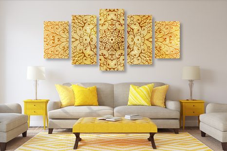 TABLOU 5-PIESE MANDALA ETNICĂ DE AUR - TABLOURI FENG SHUI - TABLOURI