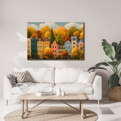 WANDBILD HERBSTLICHE STRASSE IN FARBEN - BUNTE HÄUSER - BILDER