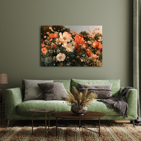 TABLEAU SUR TOILE – PRAIRIE FLEURIE AUX TONS CHAUDS - TABLEAUX DE FLEURS - TABLEAUX