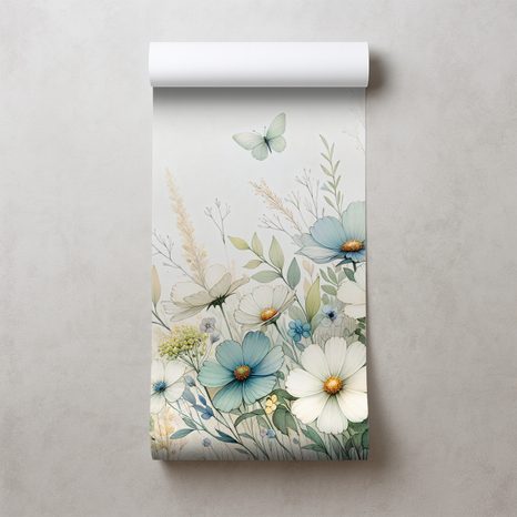 TAPETE PASTELLWIESENBLUMEN UND FLIEGENDE SCHMETTERLINGE - TAPETEN MIT BLUMENMOTIVEN - TAPETEN