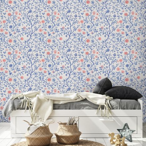 TAPETE BLAUE UND ROSA BLUMENÄSTE - GEMUSTERTE TAPETEN - TAPETEN