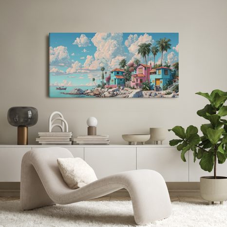 SLIKA TROPSKE KUĆICE UZ MORE - ŠARENE KUĆE - SLIKE