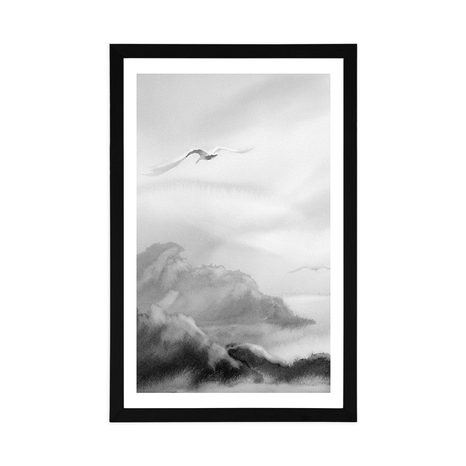 POSTER MIT PASSEPARTOUT FLIEGENDE VÖGEL ÜBER DER LANDSCHAFT IN SCHWARZ-WEISS - SCHWARZ-WEISS - POSTER