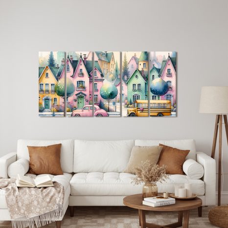 5-CZĘŚCIOWY OBRAZ PASTELOWE MIASTECZKO - OBRAZY DZIECIĘCE - OBRAZY
