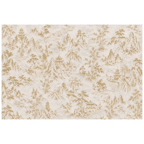 ZELFKLEVEND FOTOBEHANG BEIGE-GOUDEN OOSTERS LANDSCHAP MET PAGODES - FOTOBEHANG FENG SHUI - FOTOBEHANG