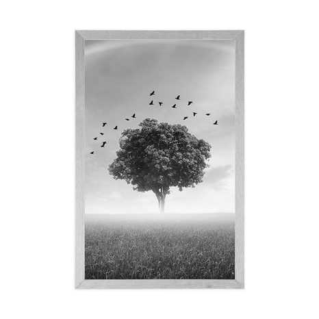 POSTER – ALBERO SOLITARIO SUL PRATO IN BIANCO E NERO - NERO E BIANCO - POSTER