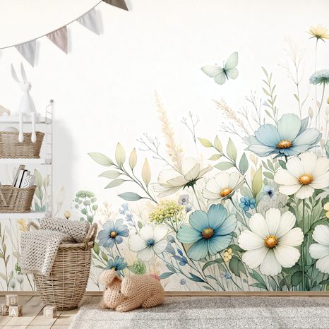 TAPETE PASTELLWIESENBLUMEN UND FLIEGENDE SCHMETTERLINGE - TAPETEN MIT BLUMENMOTIVEN - TAPETEN