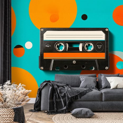 SELBSTKLEBENDE FOTOTAPETE RETRO-KASSETTE AUF BUNTEN KREISEN - MUSIK FOTOTAPETEN - TAPETEN