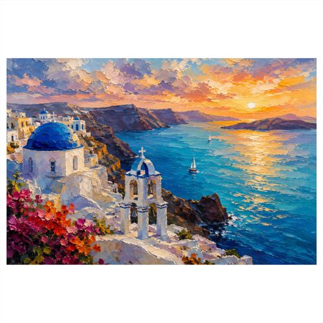 WANDBILD KÜSTE VON SANTORIN BEI SONNENUNTERGANG - BILDER VON SONNENAUFGANG UND SONNENUNTERGANG - BILDER
