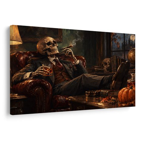 QUADRO SU TELA – SCHELETRO CON SIGARO E WHISKY - QUADRI HALLOWEEN E HORROR - STAMPE E QUADRI