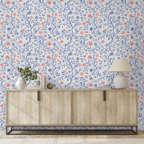 TAPETE BLAUE UND ROSA BLUMENÄSTE - GEMUSTERTE TAPETEN - TAPETEN