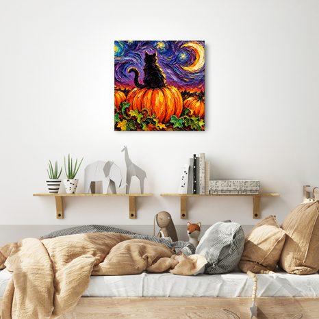 QUADRO SU TELA – GATTO TRA ZUCCHE E LUNA - QUADRI HALLOWEEN E HORROR - STAMPE E QUADRI
