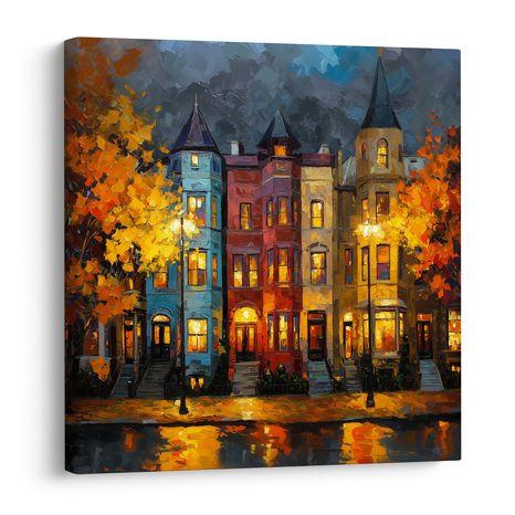 WANDBILD HERBSTLICH BELEUCHTETE STADT - BUNTE HÄUSER - BILDER