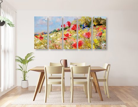 5-TEILIGES WANDBILD GEMALTE MOHNBLUMEN AUF DER WIESE - BILDER BLUMEN - BILDER