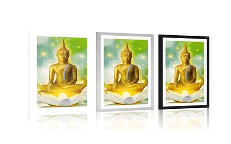 AFFICHE – BOUDDHA DORÉ SUR FLEUR DE LOTUS - FENG SHUI - AFFICHES