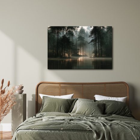 TABLEAU SUR TOILE – FORÊT BRUMEUSE AU BORD DU LAC - TABLEAUX FORÊT - TABLEAUX