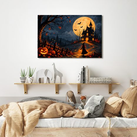 QUADRO SU TELA – CASA STREGATA SOTTO LA LUNA PIENA - QUADRI HALLOWEEN E HORROR - STAMPE E QUADRI