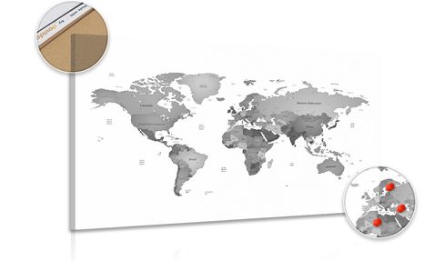 DECORATIVE PINBOARD WORLD MAP IN BLACK AND WHITE - PICTURES ON CORK - PICTURES