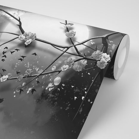 CARTA DA PARATI – RAMI D'ALBERO IN BIANCO E NERO SOTTO LA LUNA PIENA - CARTA DA PARATI BIANCO E NERO - CARTA DA PARATI