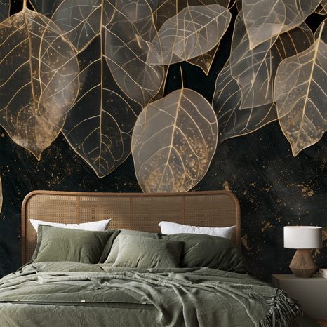 ZELFKLEVEND FOTOBEHANG GOUDEN BLADEREN OP DONKERE ACHTERGROND - FOTOBEHANG BLADEREN - FOTOBEHANG