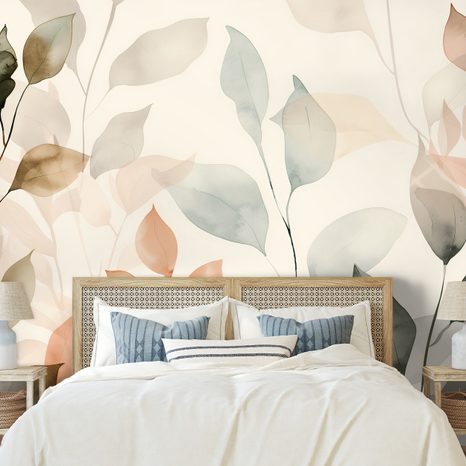 FOTOTAPET AUTOADEZIV FRUNZE ACUARELĂ DELICATE ÎN TONURI PASTEL - TAPETE FRUNZE - TAPETURI