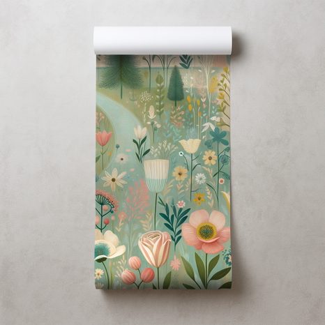 TAPETE PASTELLFARBENE BLUMENWIESE - TAPETEN FELDER UND WIESEN - TAPETEN