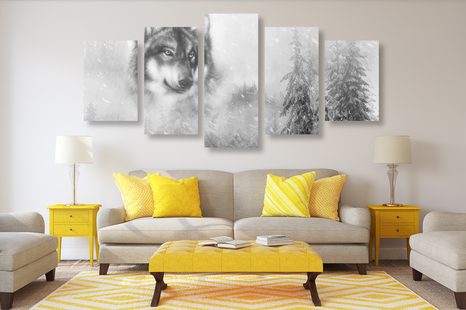 5-DELNA SLIKA VOLK V ZASNEŽENI DEŽELI V ČRNOBELI IZVEDBI - ČRNOBELE SLIKE - SLIKE