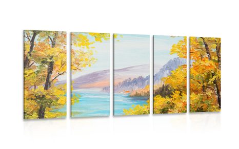 5 PART PICTURE OIL PAINTING OF A MOUNTAIN LAKE