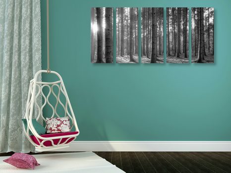 5-RÉSZES KÉP REGGEL AZ ERDŐBEN FEKETE FEHÉRBEN - FEKETE-FEHÉR KÉPEK - KÉPEK